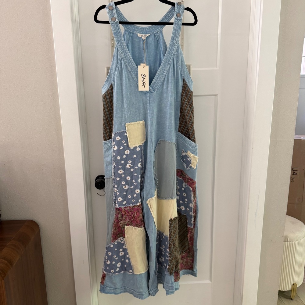 Blue Velvet Denim Patched Deep V Neck Wide Leg Jumper L/XL Blue NWT Boho Hippie